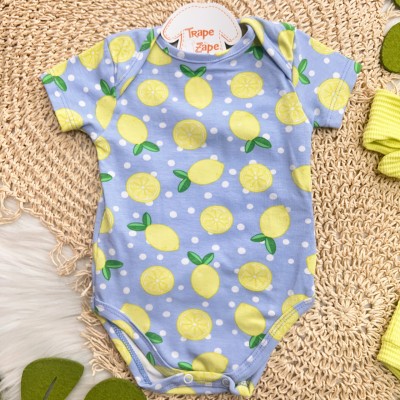 Conj. Body Limãozinho, Tapa Fralda e Faixa de Cabelo - Verde e Azul Jeans 